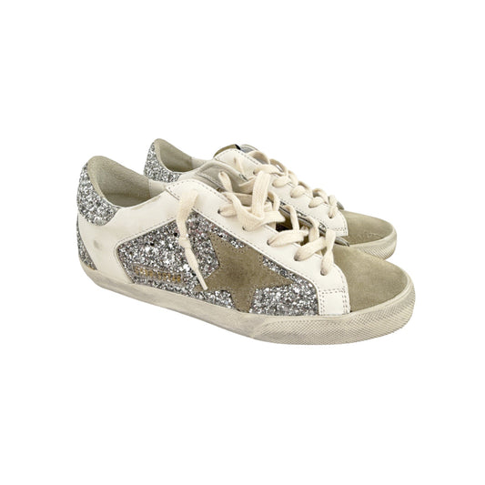 GOLDEN GOOSE Super-Star Silver Glitter Sneakers in Silver, White, & Taupe 37