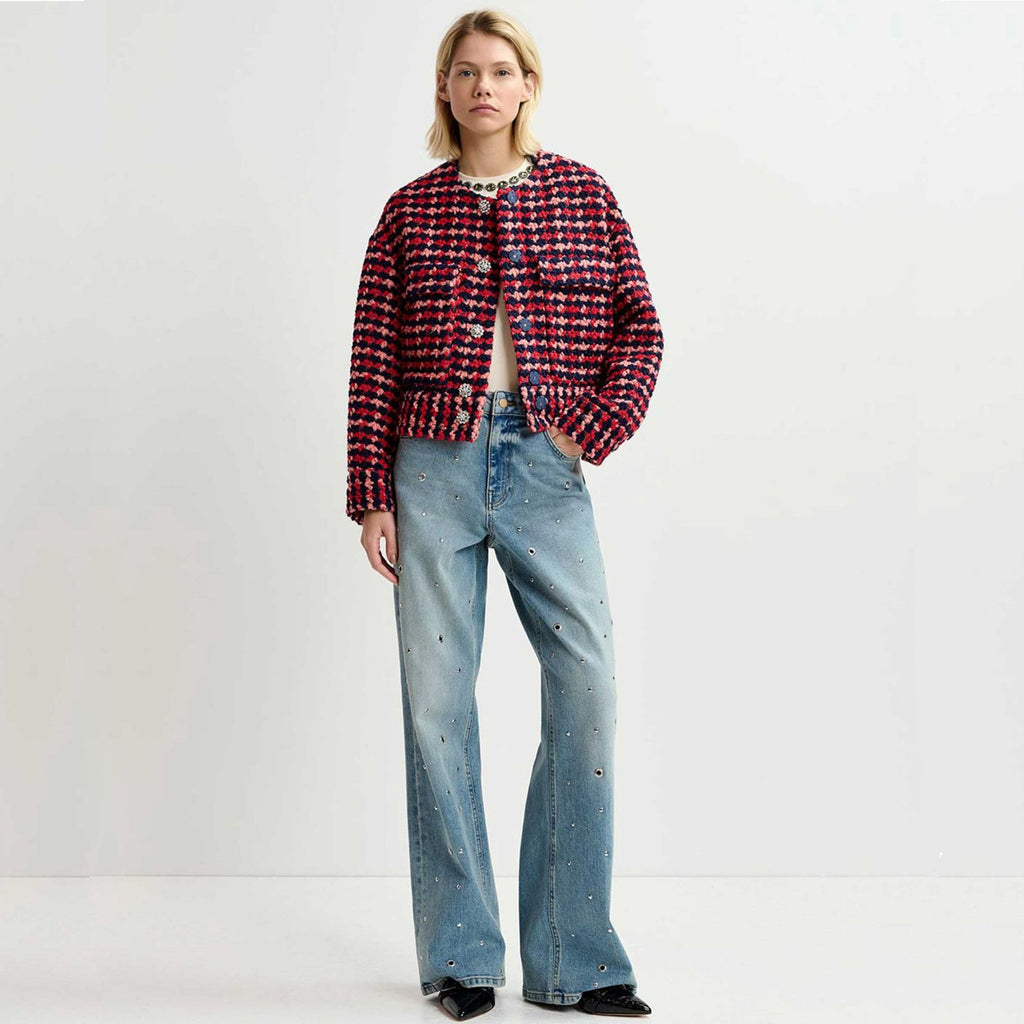 ESSENTIEL ANTWERP Wool Blend Tweed Jacket in Navy Peach & Red XS Essentiel Antwerp