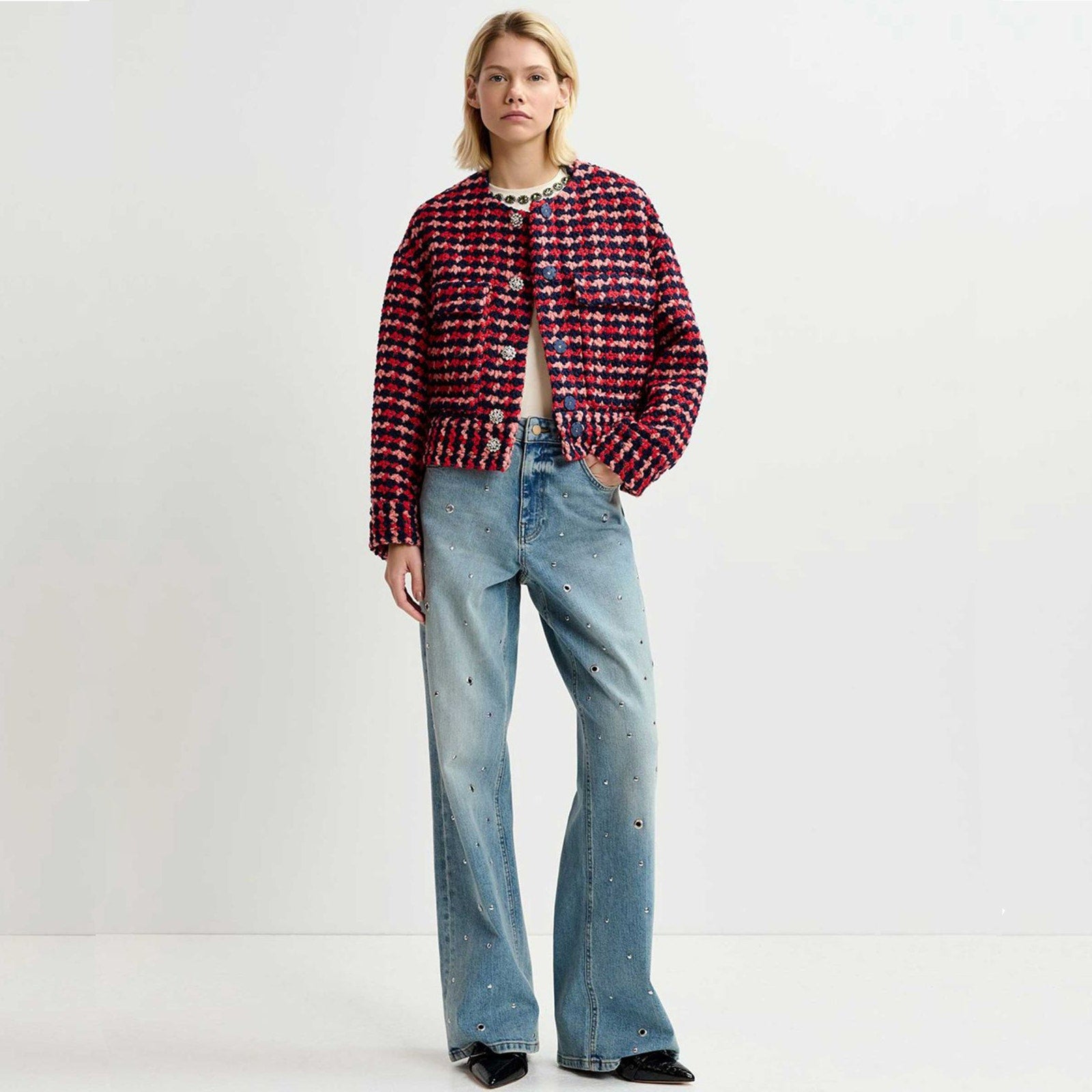 ESSENTIEL ANTWERP Wool Blend Tweed Jacket in Navy Peach & Red XS Essentiel Antwerp