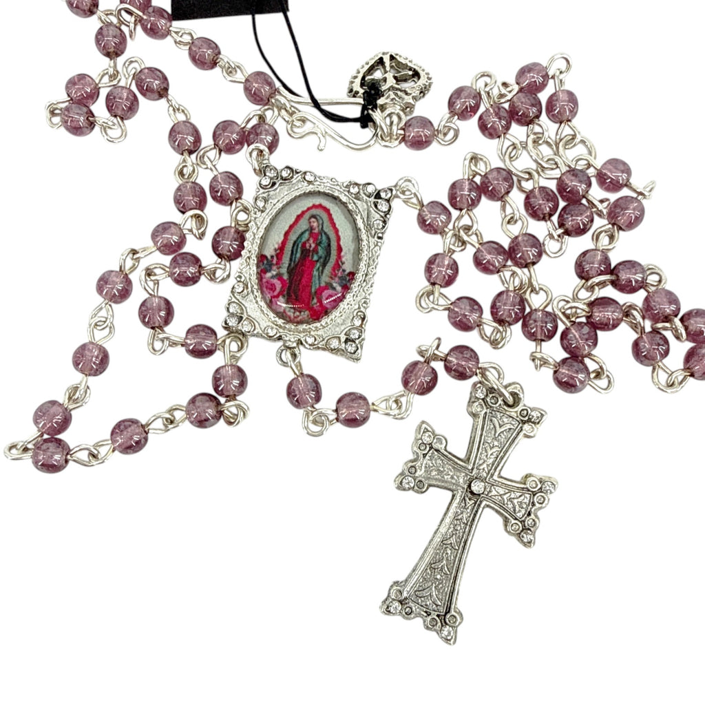 VIRGINS SAINTS & ANGELS VSA Retablo Guadalupe Rosary Necklace in Silver & Pink Virgins Saints & Angels