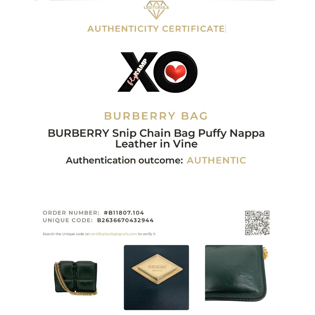 BURBERRY Snip Chain Bag Puffy Nappa Leather in Vine - flyKAMP