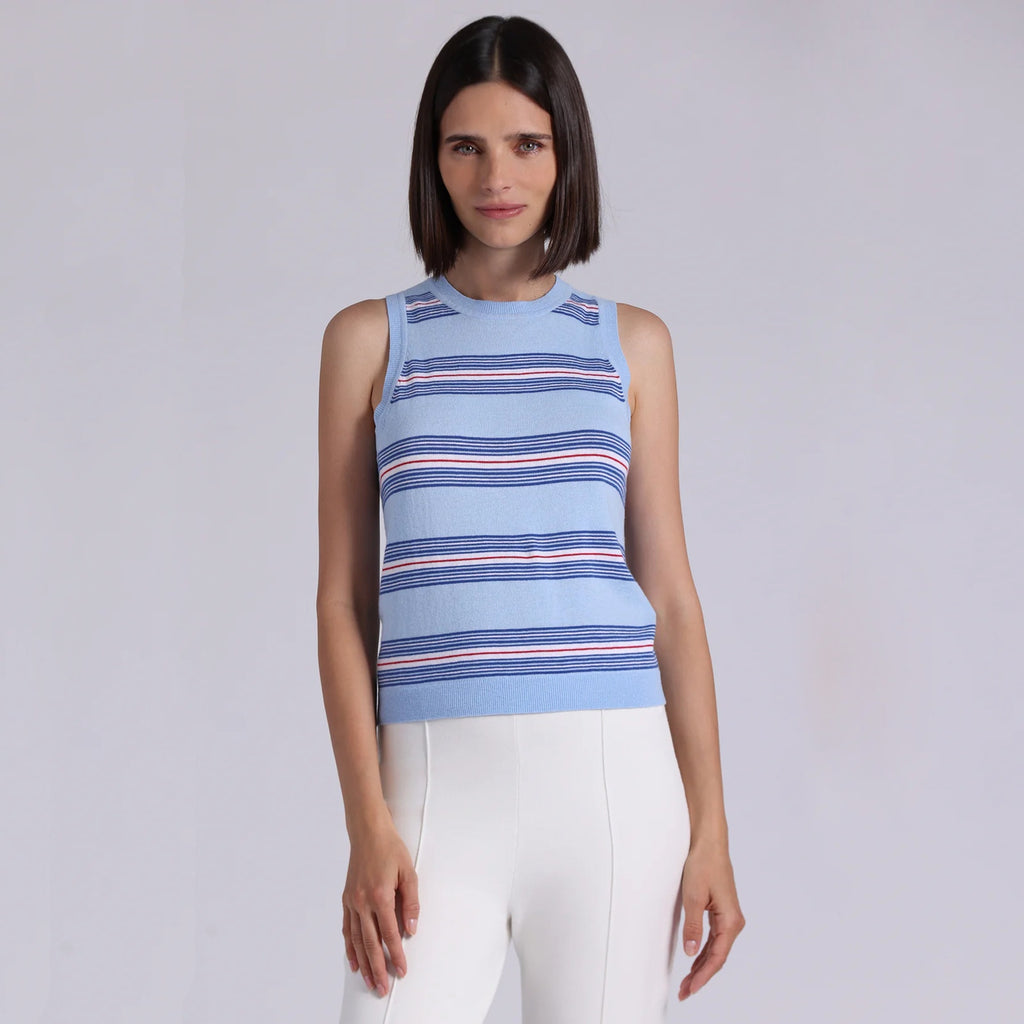 MINNIE ROSE Cotton Cashmere Striped Crew Neck Tank in Sky Blue Combo S Minnie Rose