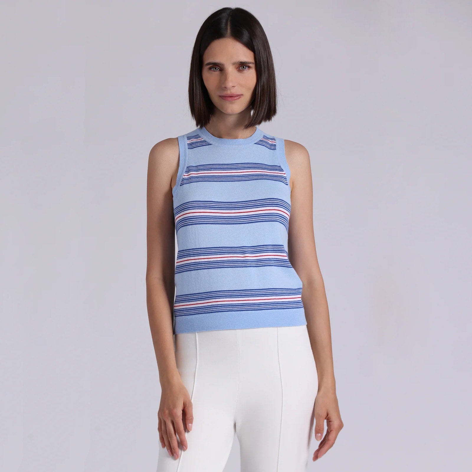 MINNIE ROSE Cotton Cashmere Striped Crew Neck Tank in Sky Blue Combo S Minnie Rose