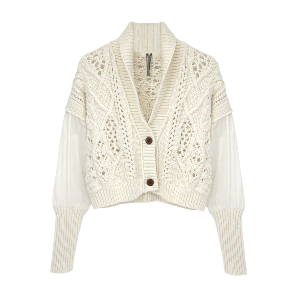 ANTHROPOLOGIE Balloon-Sleeve Twofer Cable-Knit Cardigan Sweater S Anthropologie