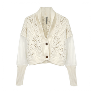 ANTHROPOLOGIE Balloon-Sleeve Twofer Cable-Knit Cardigan Sweater S
