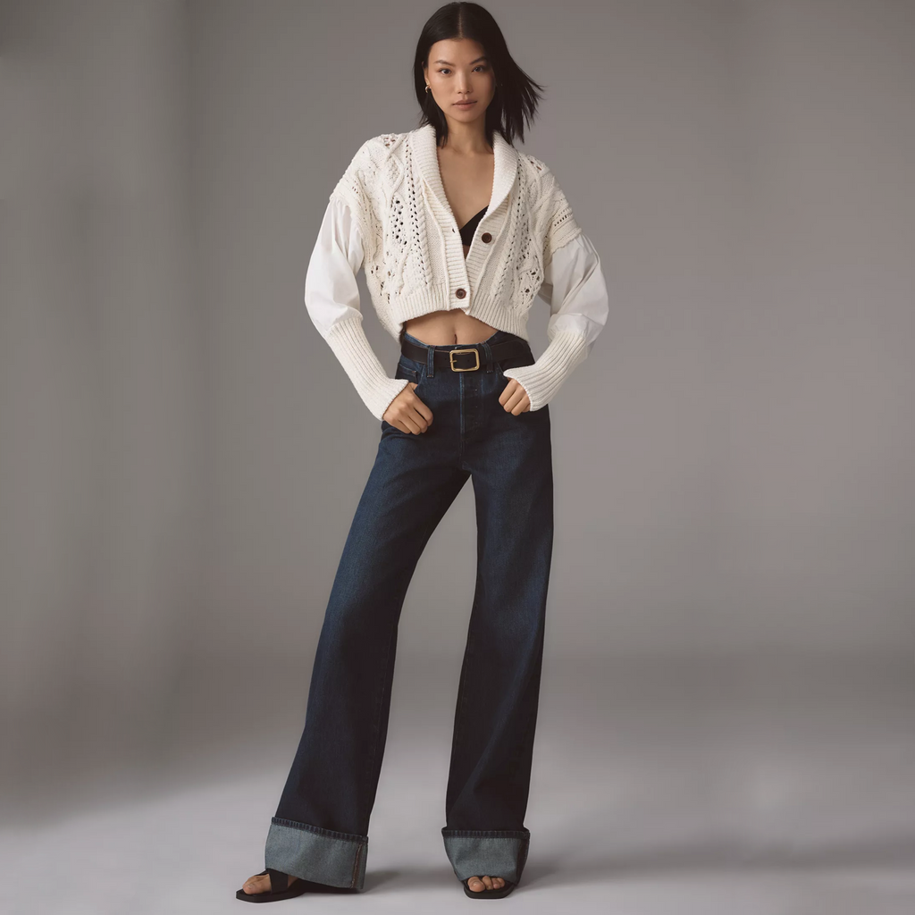 ANTHROPOLOGIE Balloon-Sleeve Twofer Cable-Knit Cardigan Sweater S Anthropologie