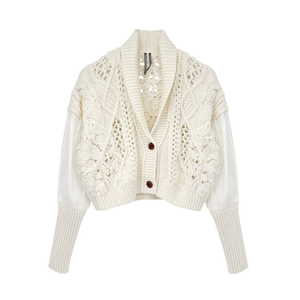 ANTHROPOLOGIE Balloon-Sleeve Twofer Cable-Knit Cardigan Sweater XS