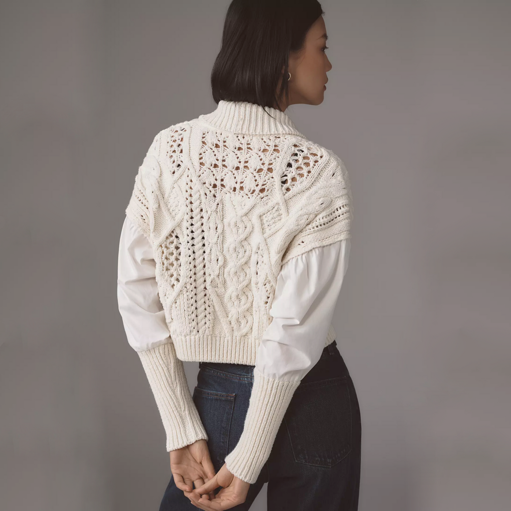 ANTHROPOLOGIE Balloon-Sleeve Twofer Cable-Knit Cardigan Sweater S Anthropologie