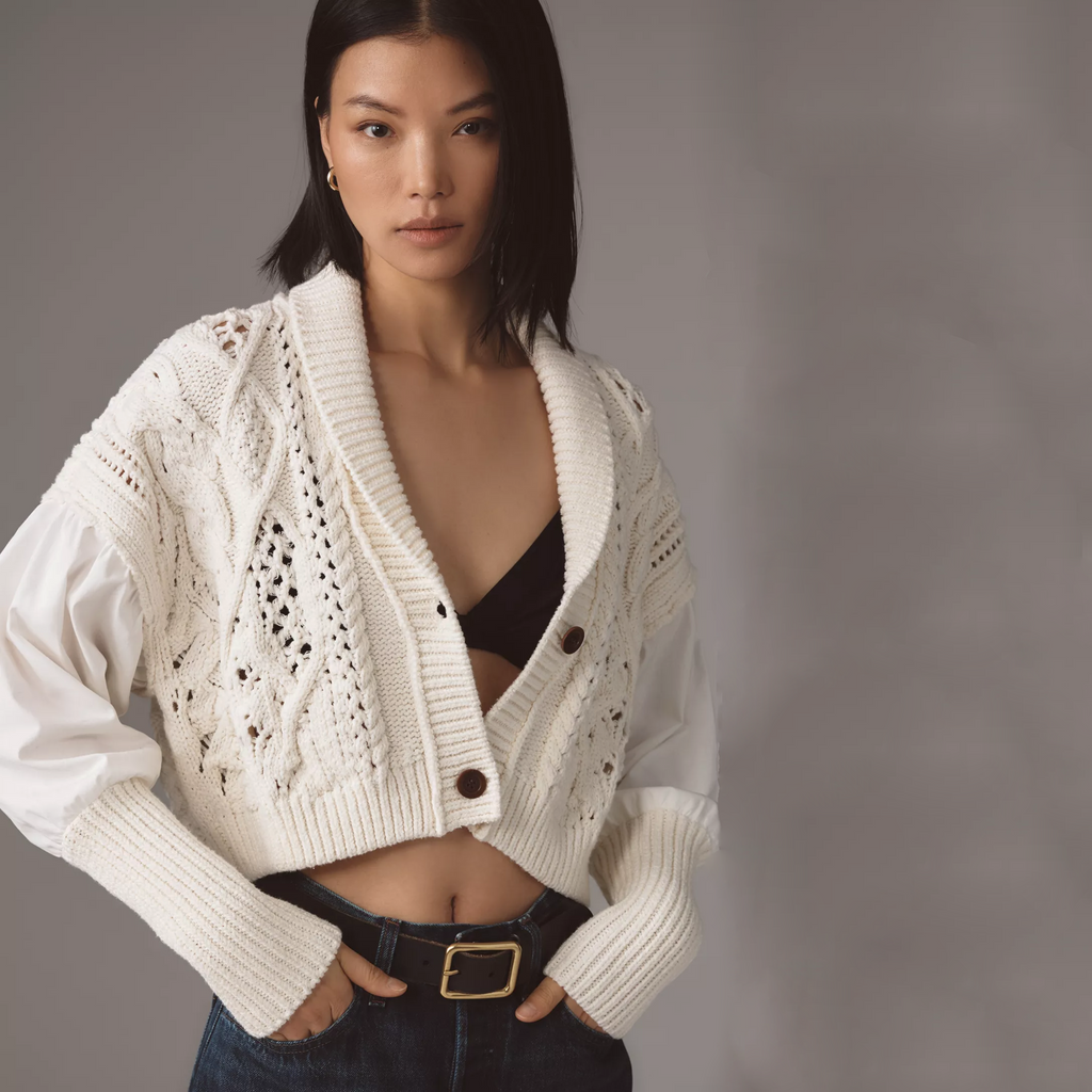 ANTHROPOLOGIE Balloon-Sleeve Twofer Cable-Knit Cardigan Sweater S Anthropologie