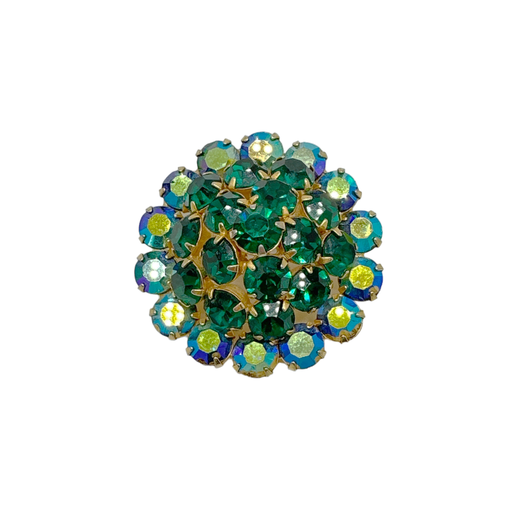 BROOCH Vintage Green Rhinestone Dome Source Unknown