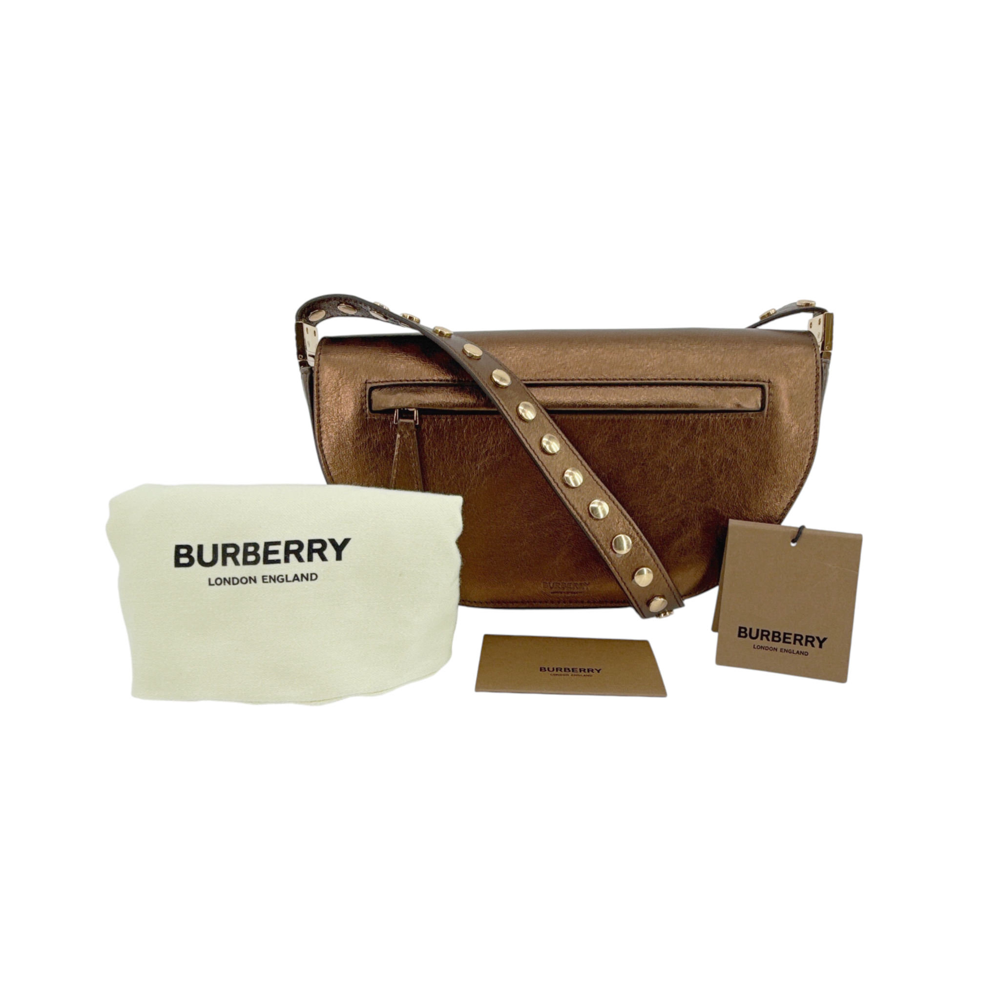 BURBERRY Small Metallic Leather Olympia Shoulder Bag in Bronze Burberry