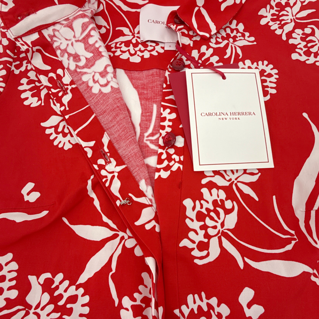 CAROLINA HERRERA Red Printed Short Sleeve Shirtdress in Red 6|M Carolina Herrera