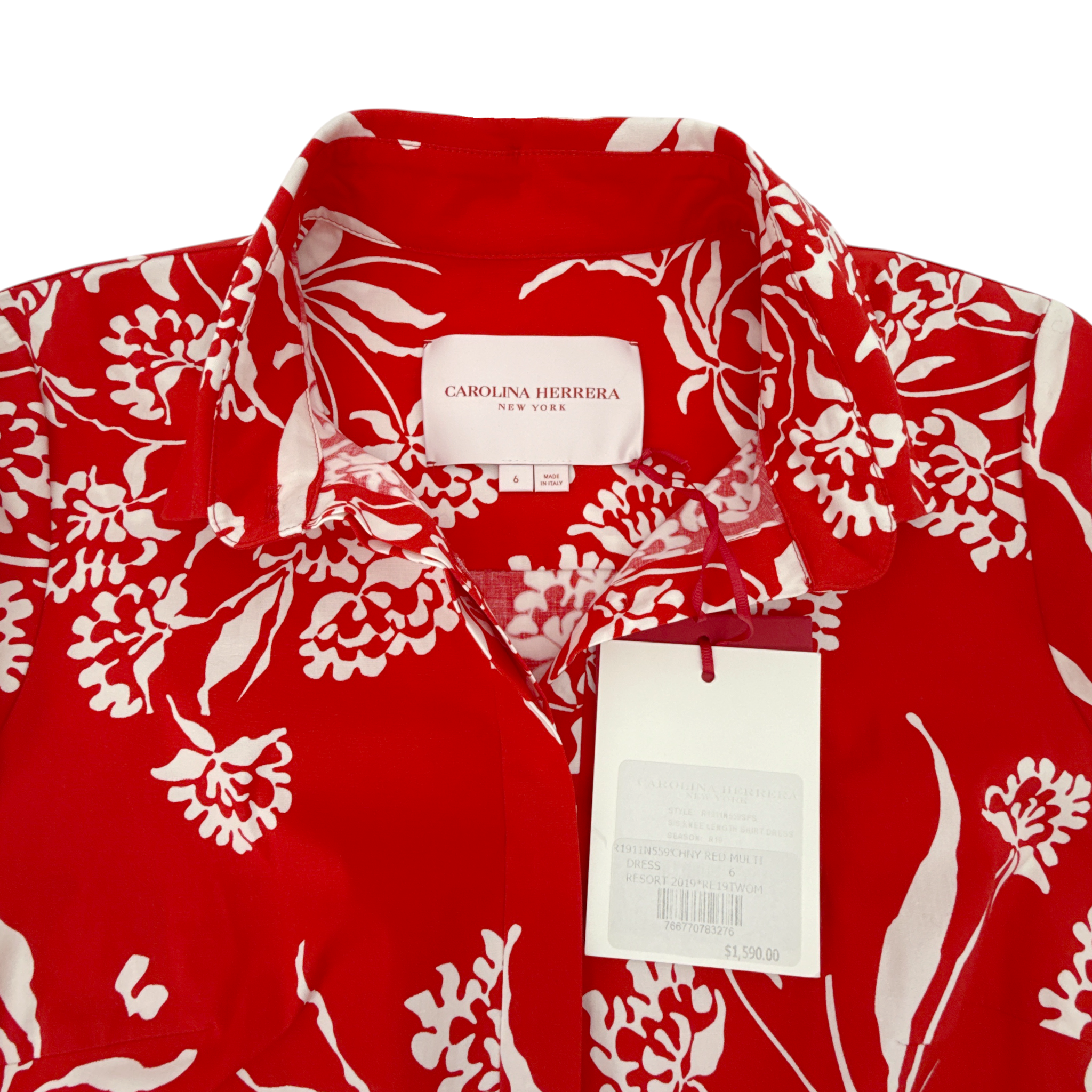 CAROLINA HERRERA Red Printed Short Sleeve Shirtdress in Red 6|M Carolina Herrera