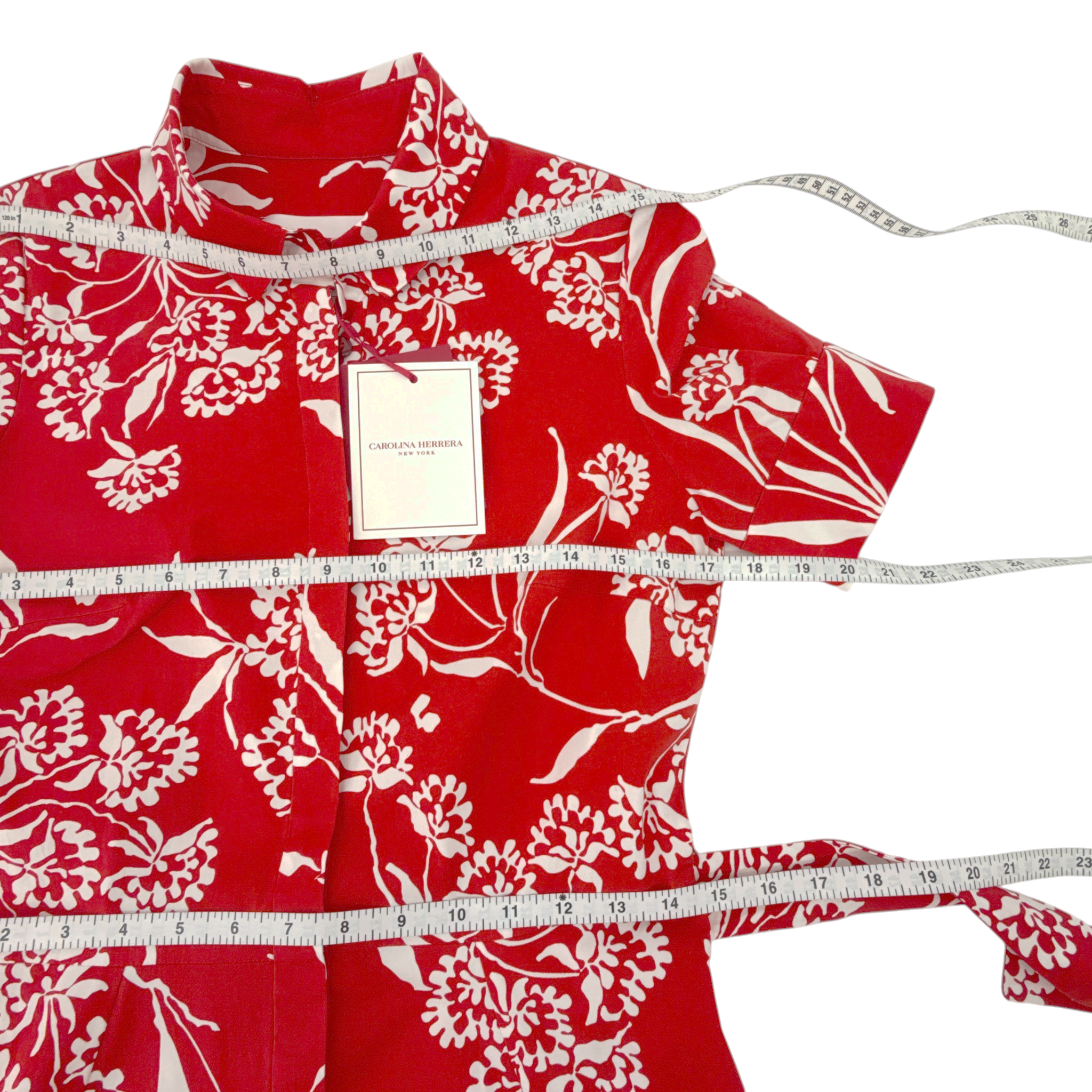 CAROLINA HERRERA Red Printed Short Sleeve Shirtdress in Red 6|M Carolina Herrera