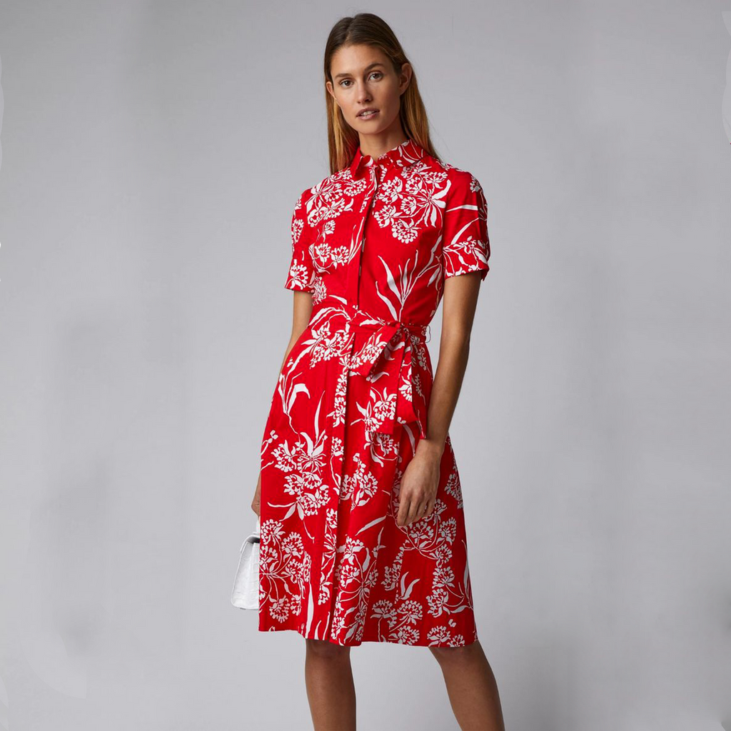 CAROLINA HERRERA Red Printed Short Sleeve Shirtdress in Red 6|M Carolina Herrera