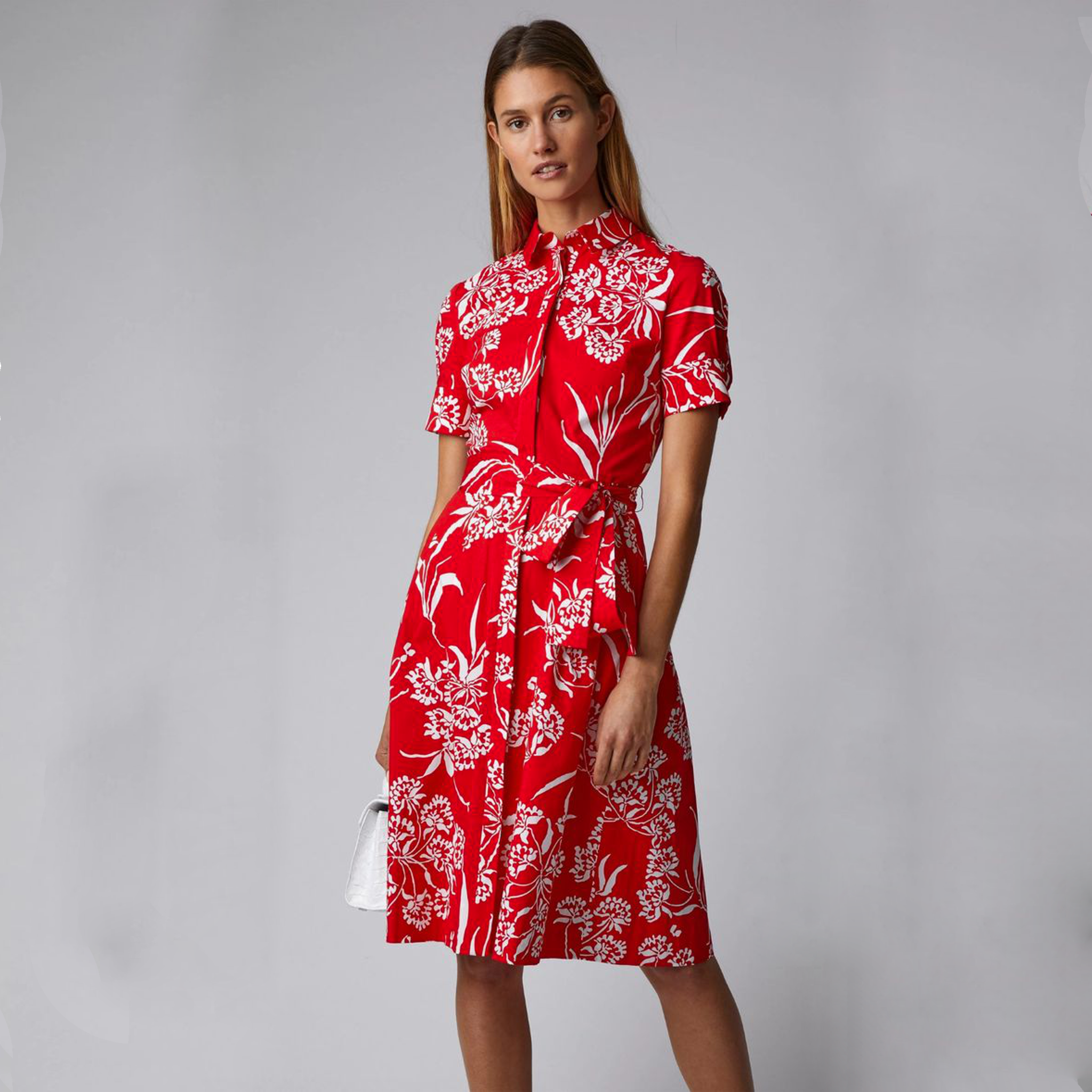 CAROLINA HERRERA Red Printed Short Sleeve Shirtdress in Red 6|M Carolina Herrera