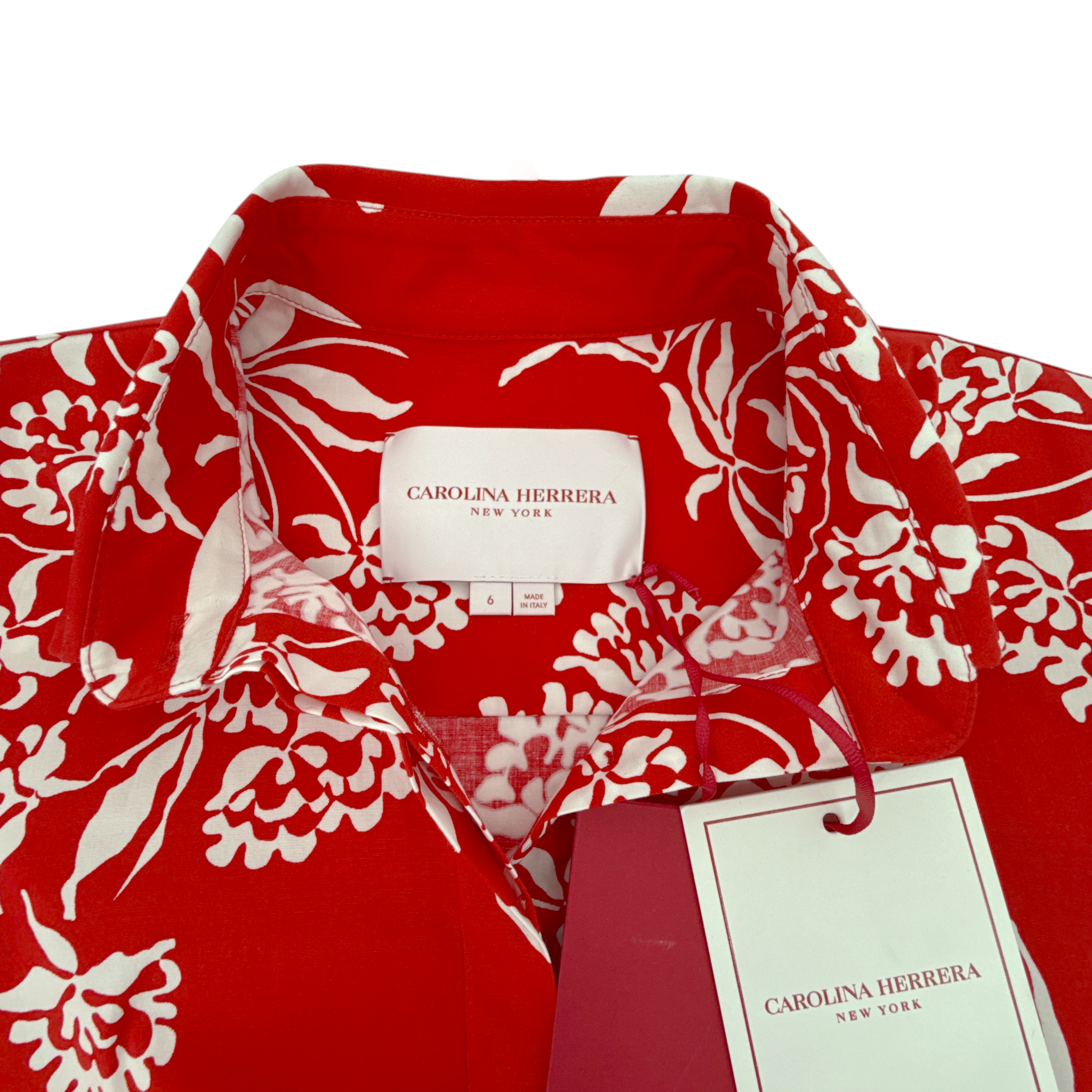 CAROLINA HERRERA Red Printed Short Sleeve Shirtdress in Red 6|M Carolina Herrera