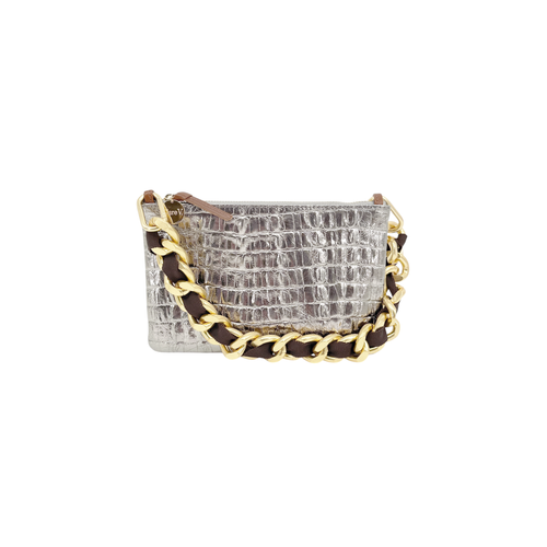 CLARE V. Wallet Clutch with Tabs Metallic Croc & Shortie Strap Grosgrain Kalamata Clare V.