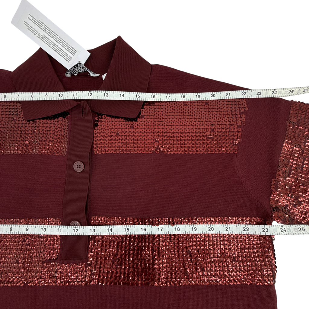 ESSENTIEL ANTWERP Illuminati Sequin Striped Polo Shirt in Wine S Essentiel Antwerp
