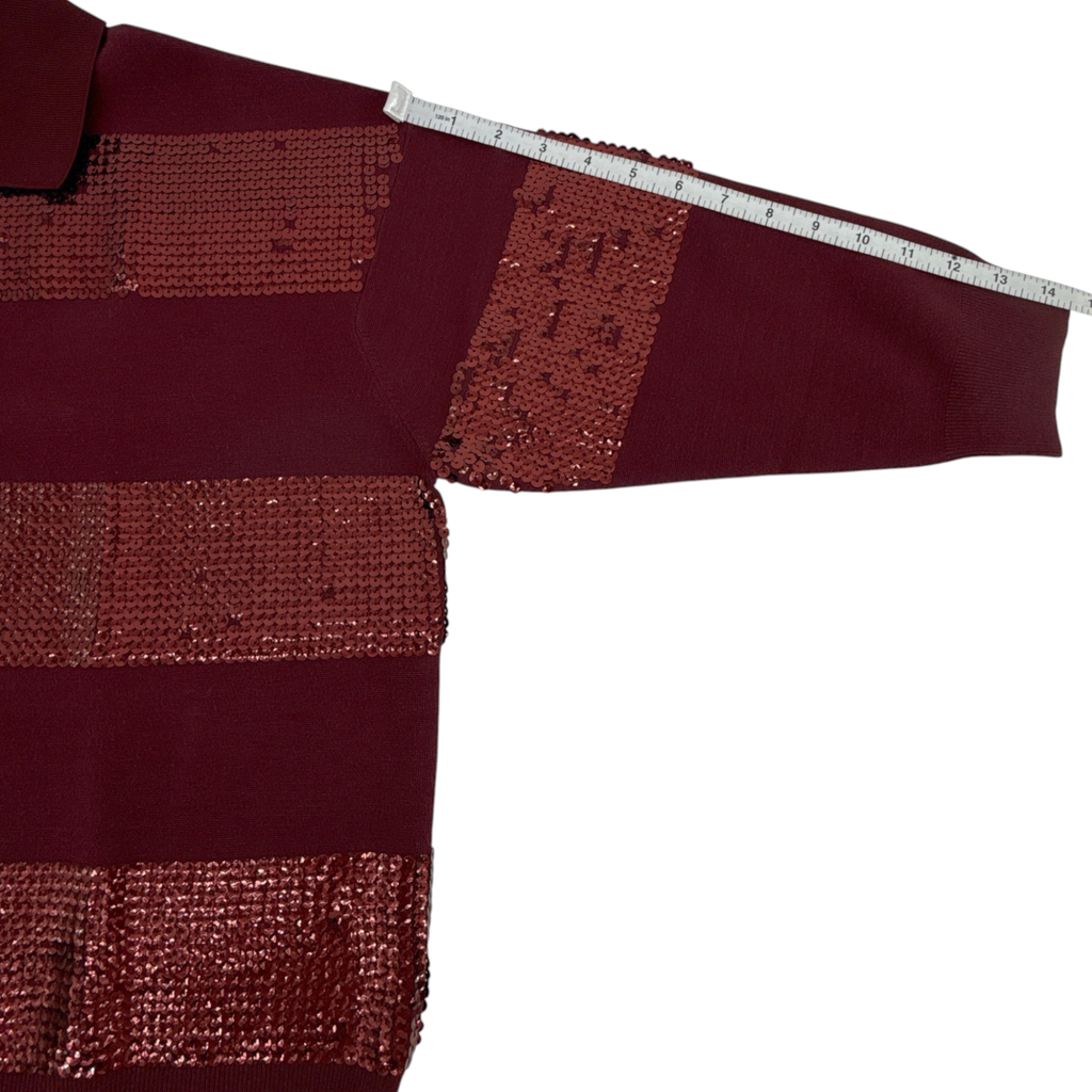 ESSENTIEL ANTWERP Illuminati Sequin Striped Polo Shirt in Wine S Essentiel Antwerp