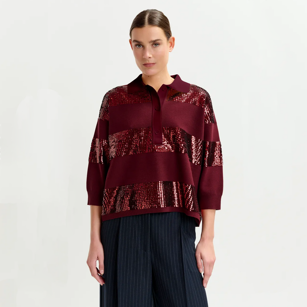 ESSENTIEL ANTWERP Illuminati Sequin Striped Polo Shirt in Wine S Essentiel Antwerp