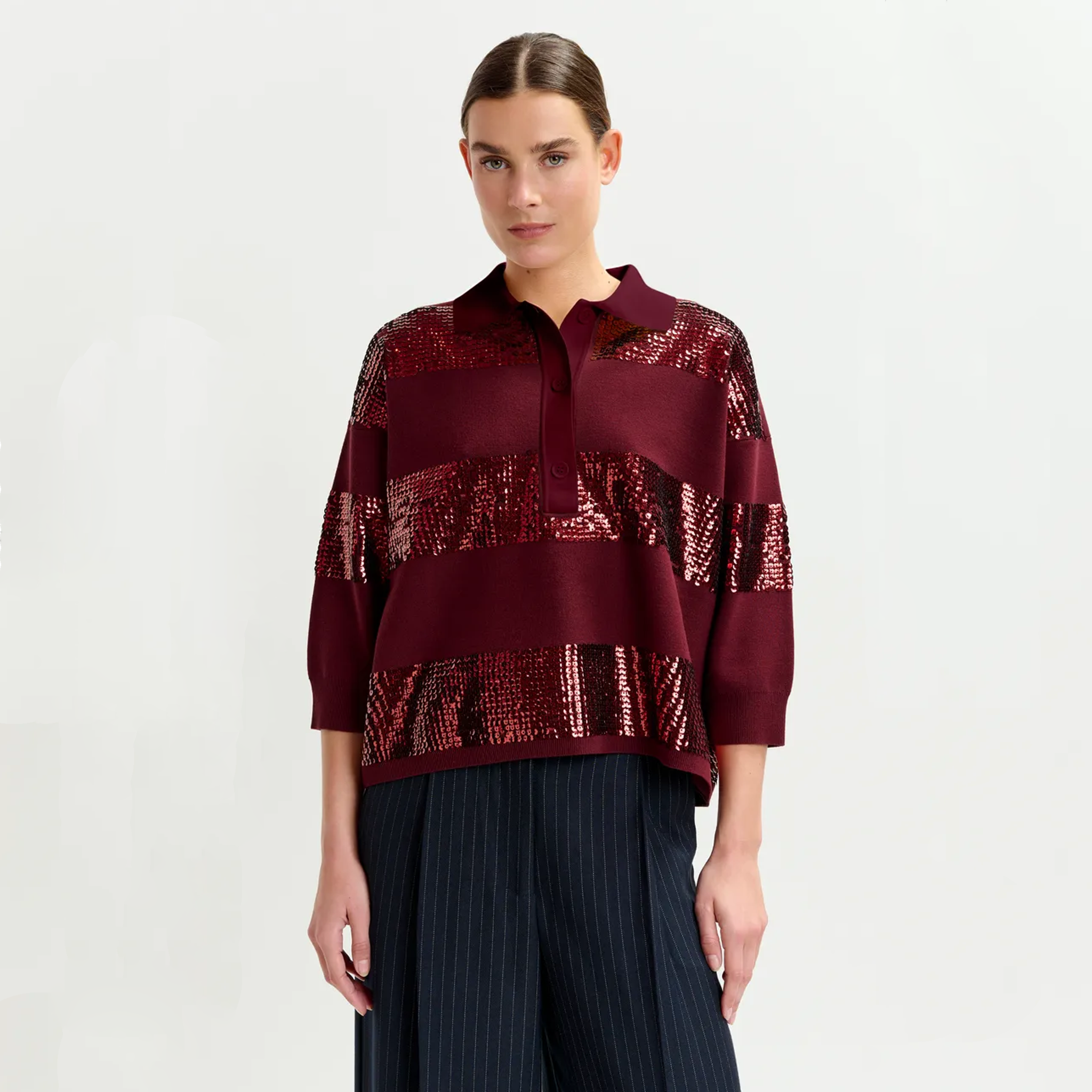 ESSENTIEL ANTWERP Illuminati Sequin Striped Polo Shirt in Wine S Essentiel Antwerp