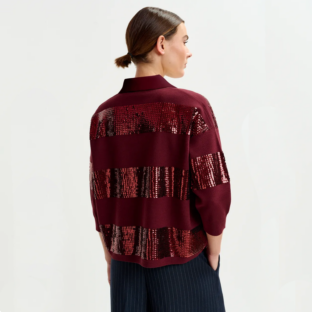 ESSENTIEL ANTWERP Illuminati Sequin Striped Polo Shirt in Wine S Essentiel Antwerp