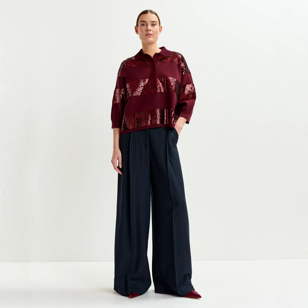 ESSENTIEL ANTWERP Illuminati Sequin Striped Polo Shirt in Wine S Essentiel Antwerp
