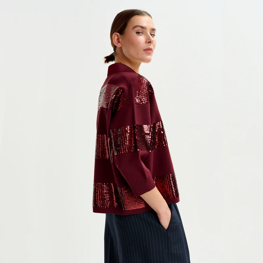ESSENTIEL ANTWERP Illuminati Sequin Striped Polo Shirt in Wine S Essentiel Antwerp