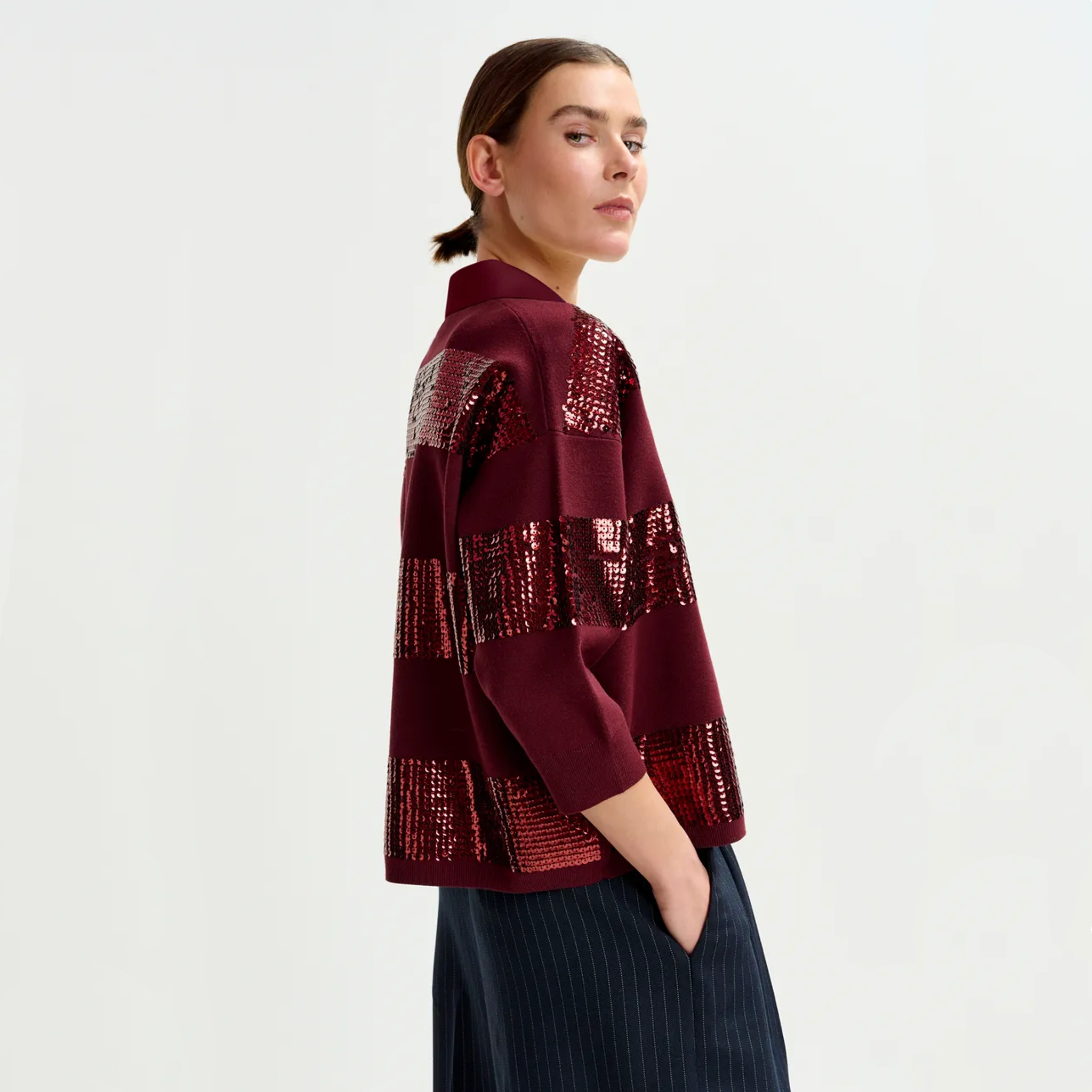 ESSENTIEL ANTWERP Illuminati Sequin Striped Polo Shirt in Wine S Essentiel Antwerp