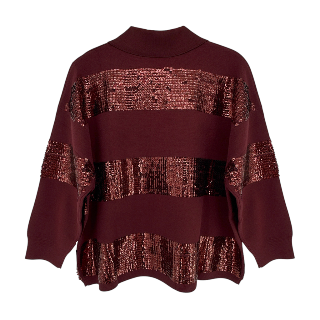 ESSENTIEL ANTWERP Illuminati Sequin Striped Polo Shirt in Wine S Essentiel Antwerp