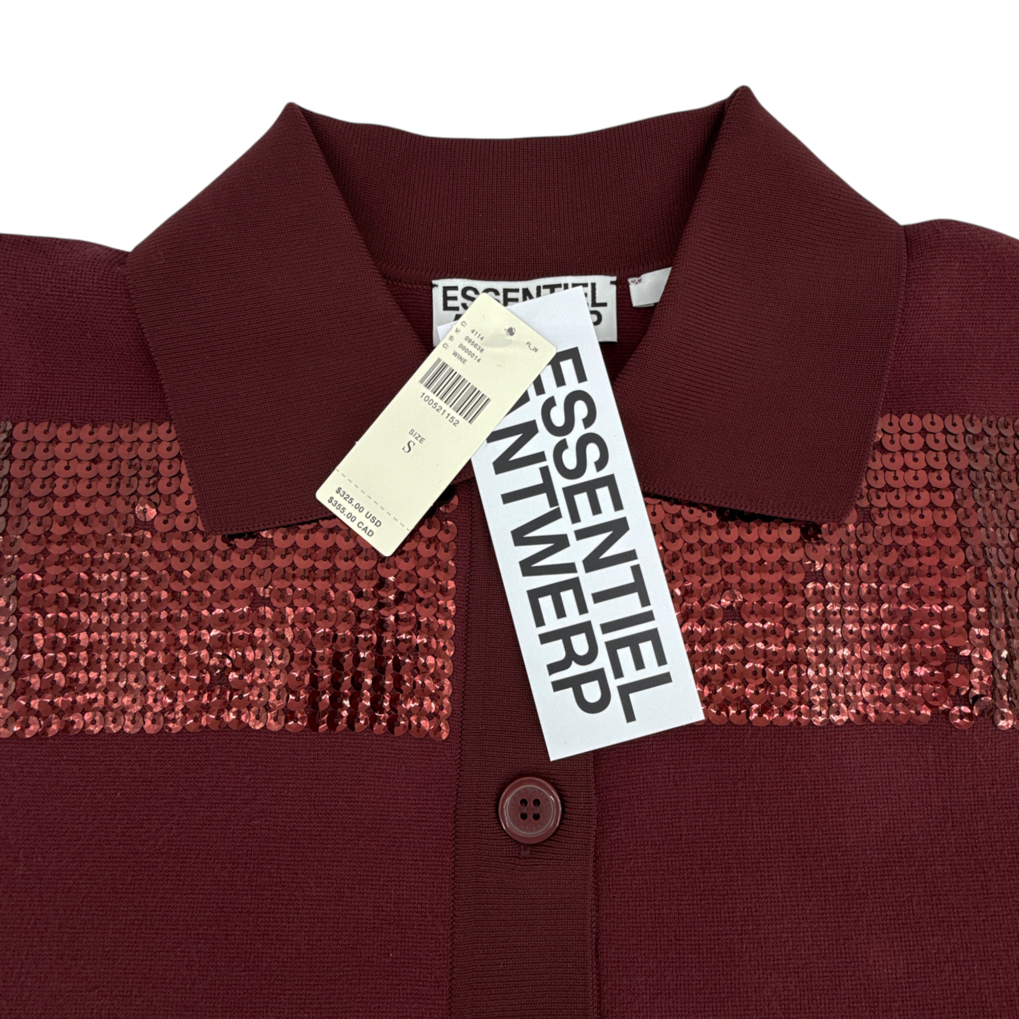 ESSENTIEL ANTWERP Illuminati Sequin Striped Polo Shirt in Wine S Essentiel Antwerp