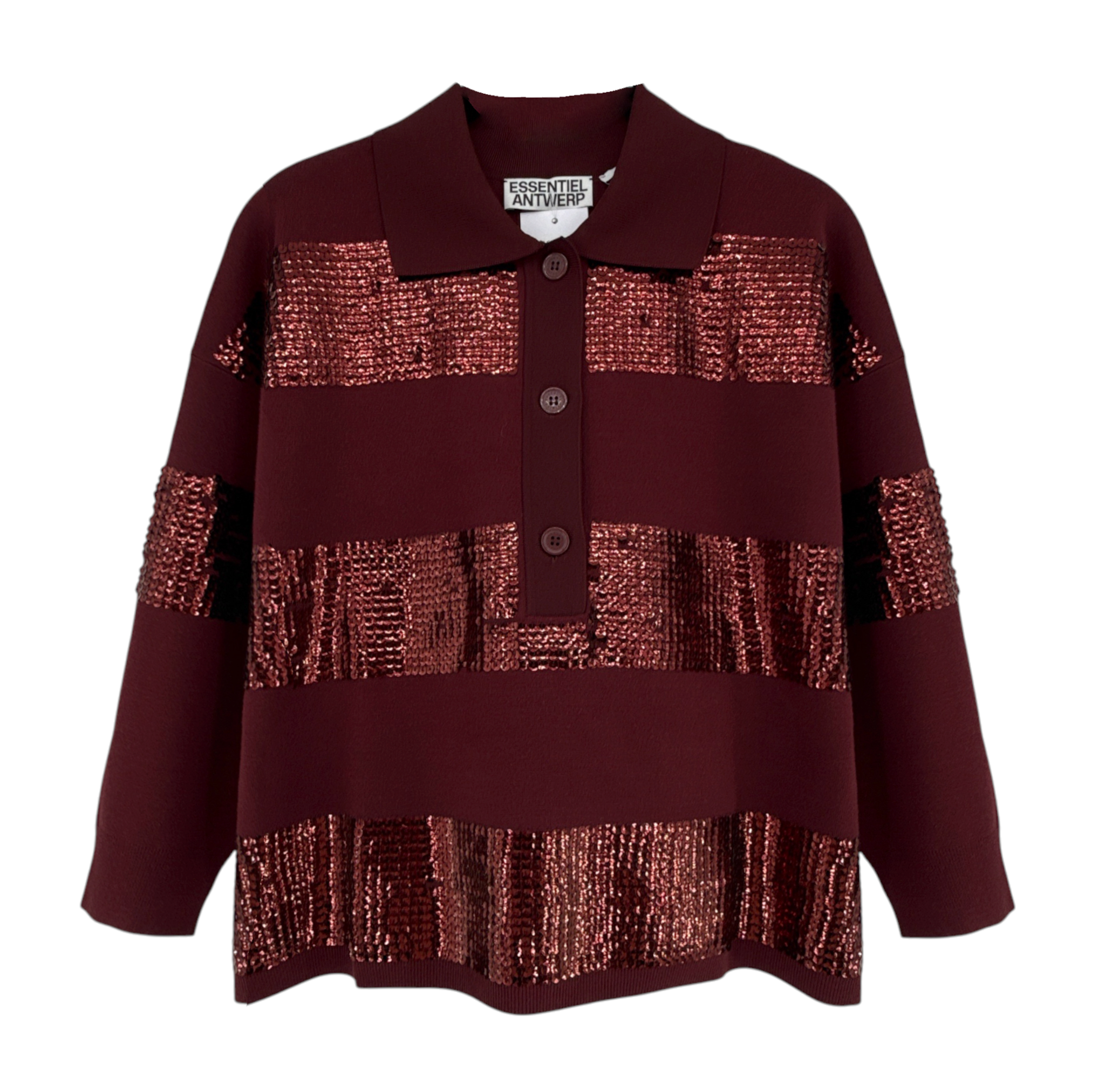 ESSENTIEL ANTWERP Illuminati Sequin Striped Polo Shirt in Wine S Essentiel Antwerp