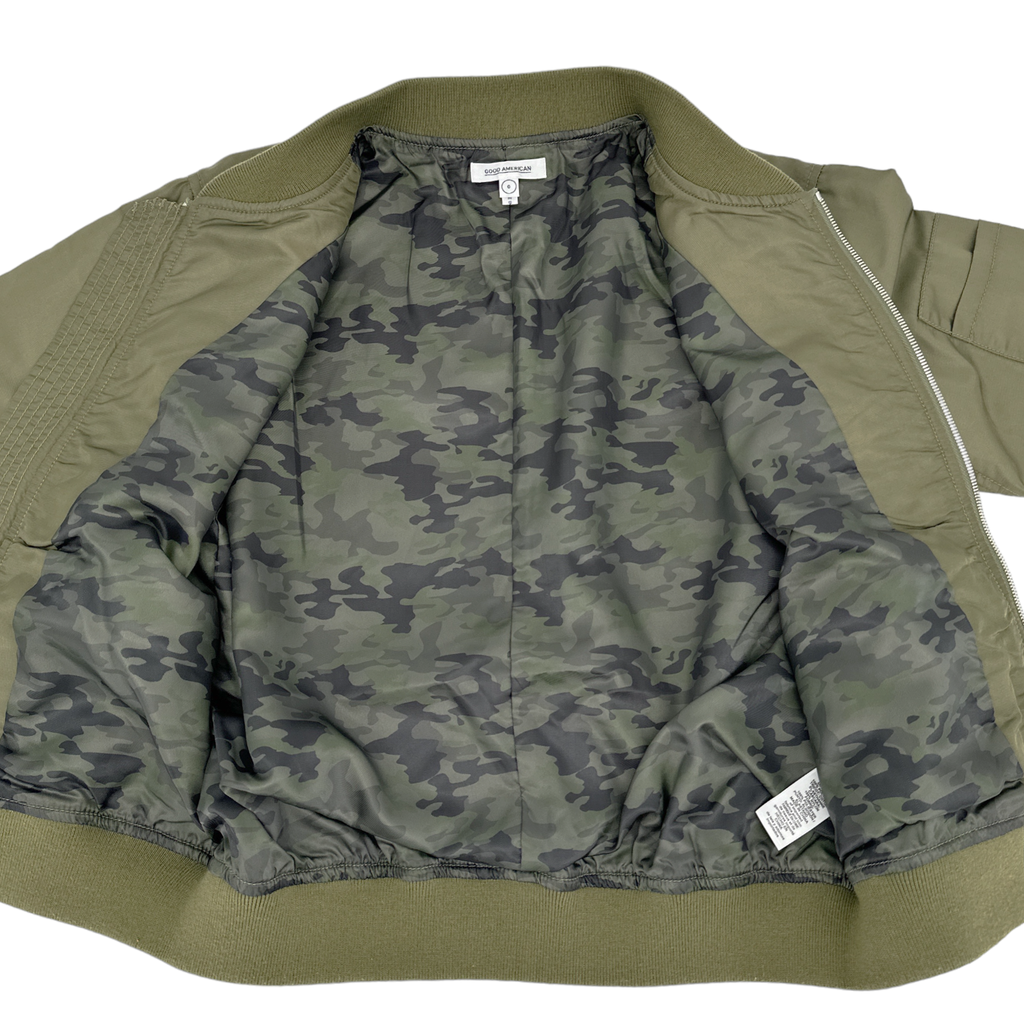 GOOD AMERICAN Bomber Jacket in Green Satin XS Good American
