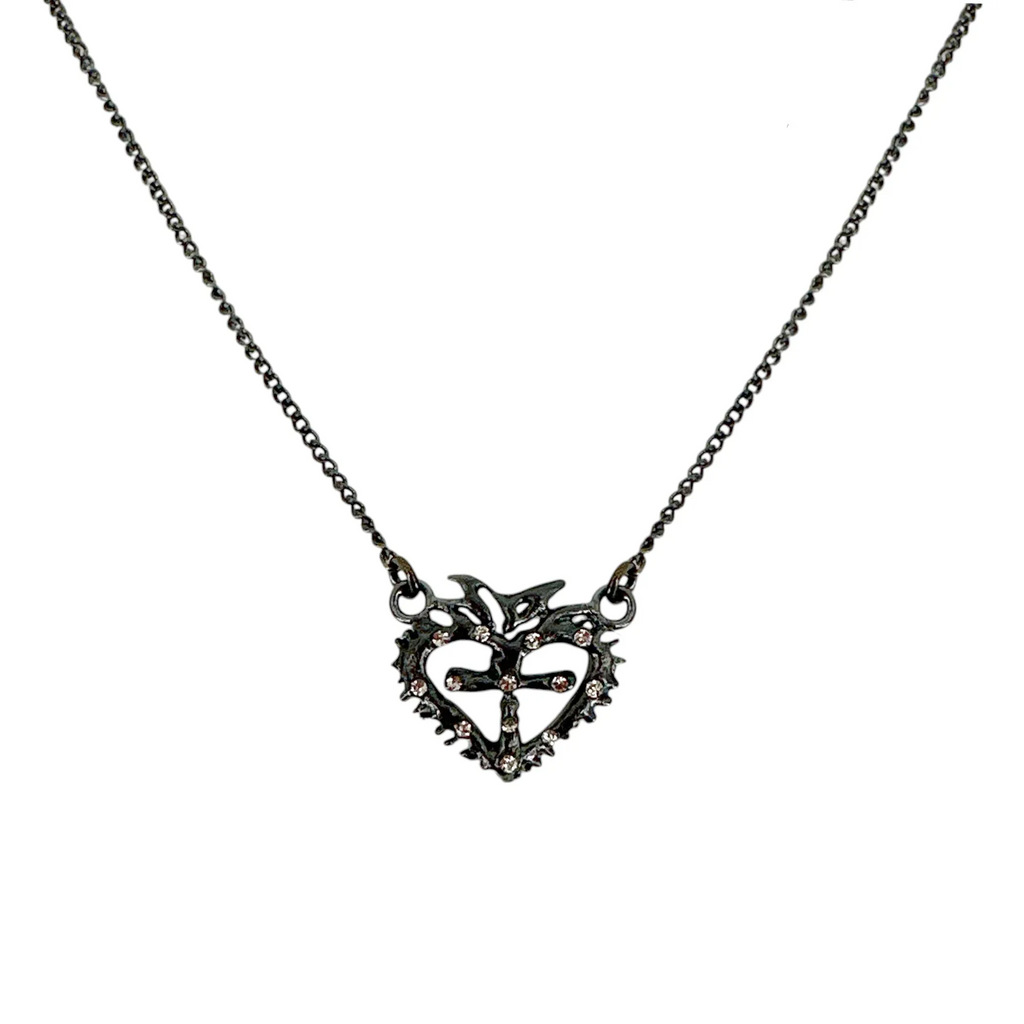 VIRGINS SAINTS & ANGELS Queen of Hearts Petite Crystal Logo Necklace Gunmetal - flyKAMP