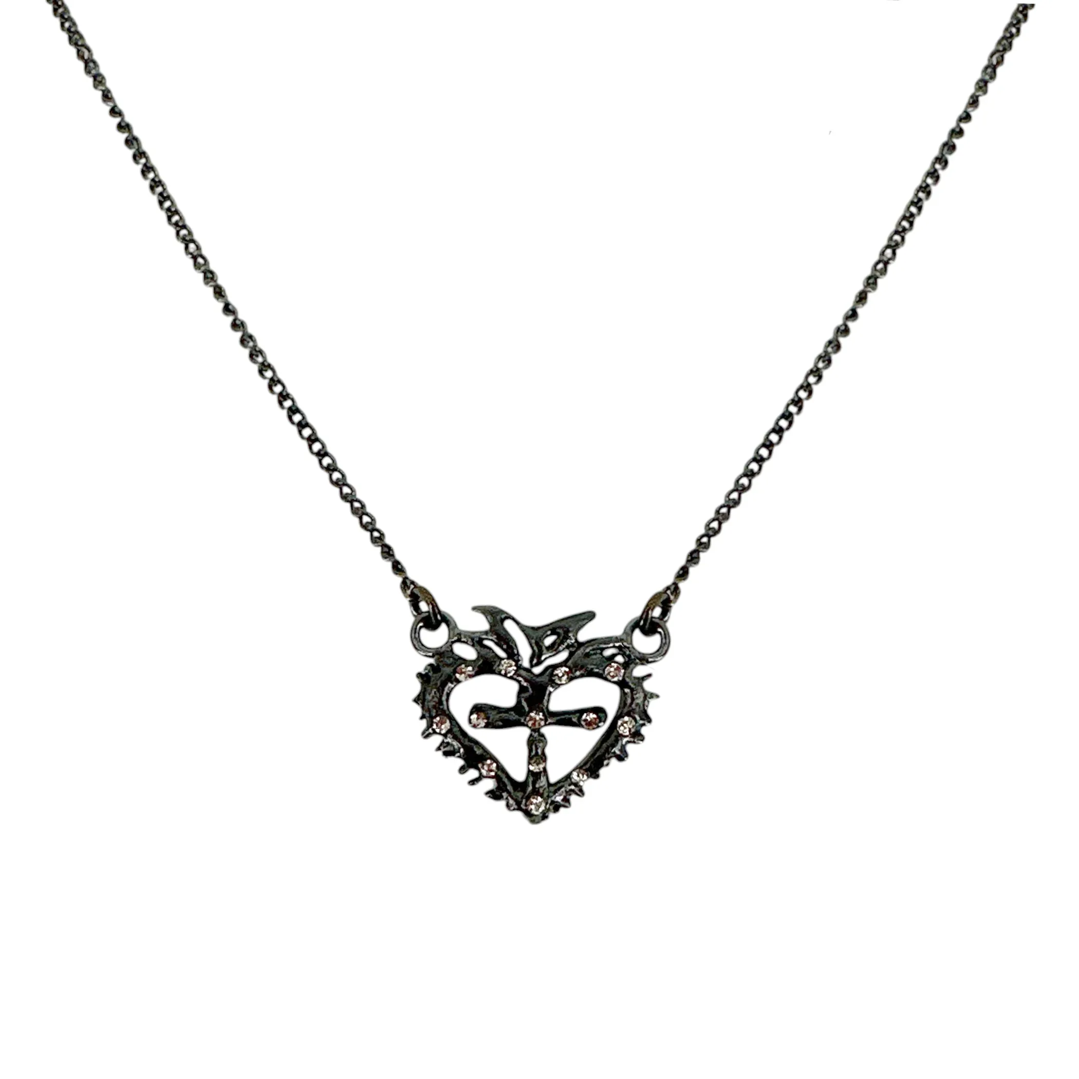 VIRGINS SAINTS & ANGELS Queen of Hearts Petite Crystal Logo Necklace Gunmetal - flyKAMP