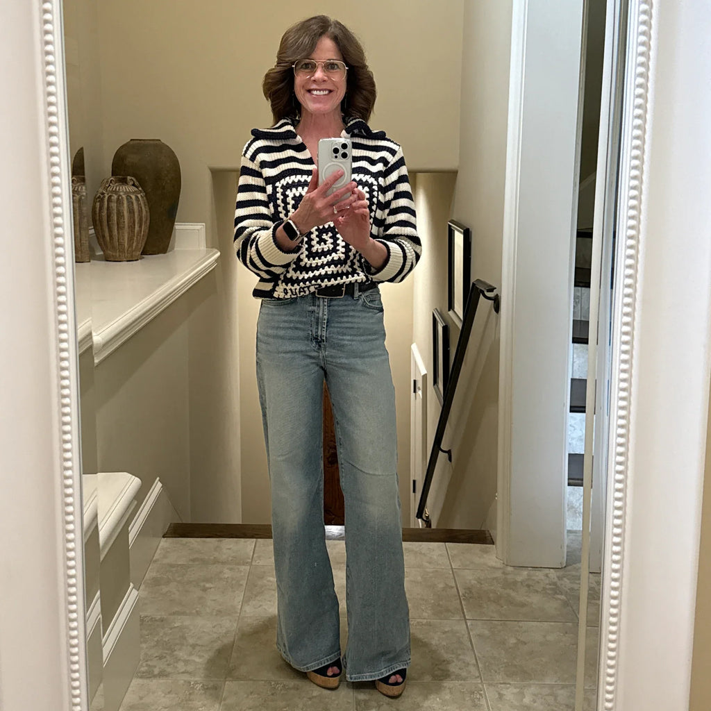 STAUD Alloy Striped Crocheted Cotton Sweater In Acid Cobalt XS - flyKAMP