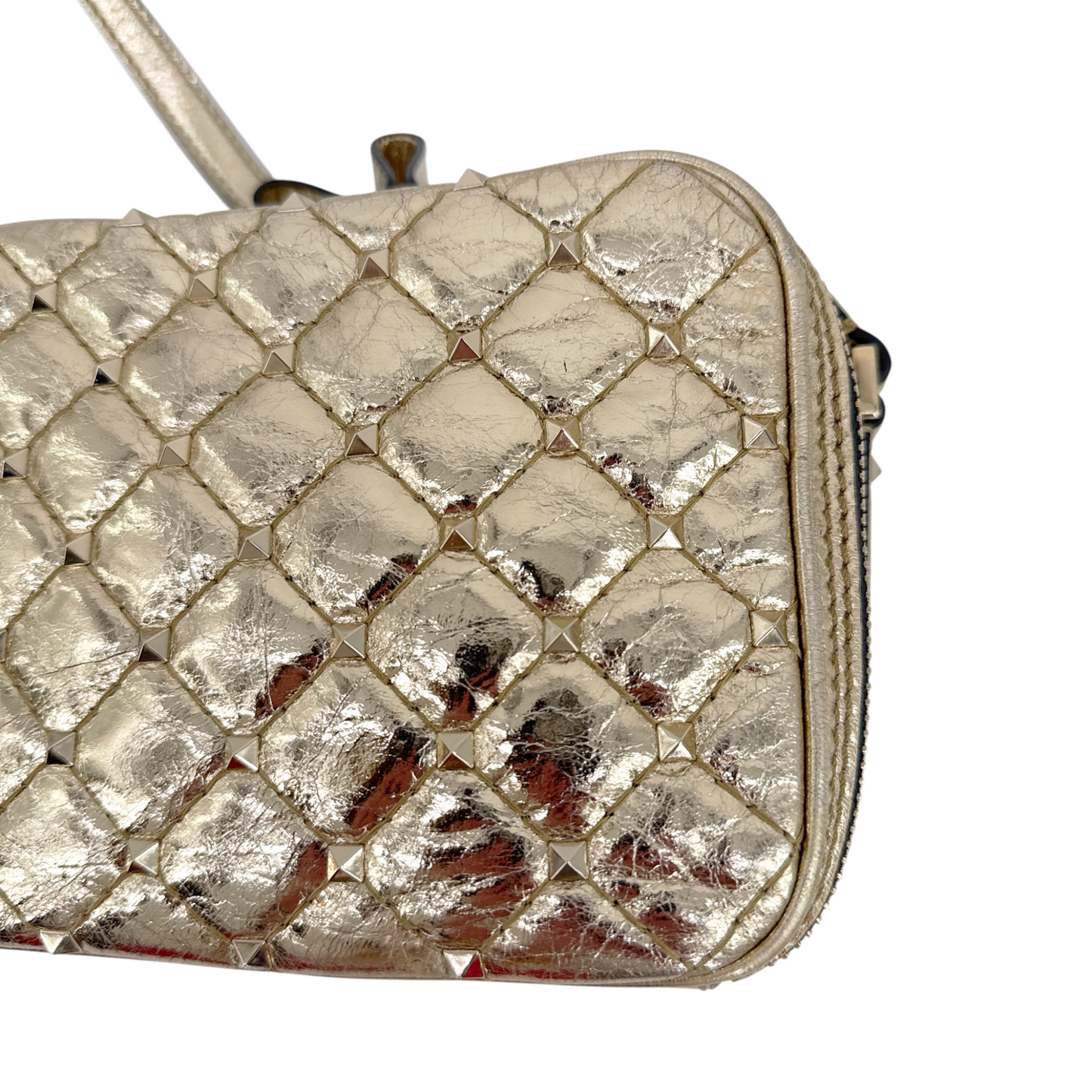 VALENTINO GARAVANI Rockstud Spike Double Zip Camera Bag Crackled Metallic Gold