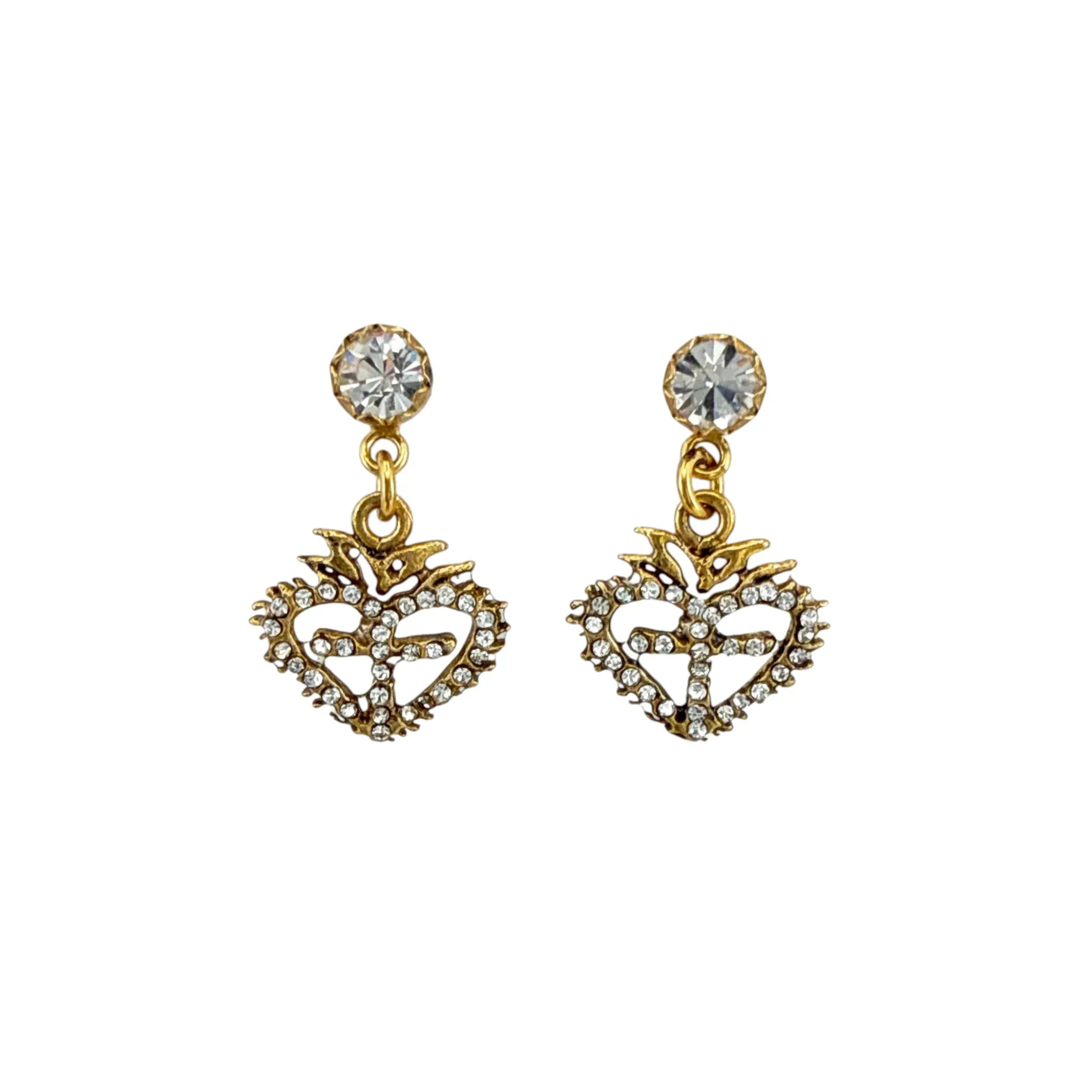 VIRGINS SAINTS & ANGELS VSA Queen of Hearts Crystal Drop Post Earrings in Gold - flyKAMP