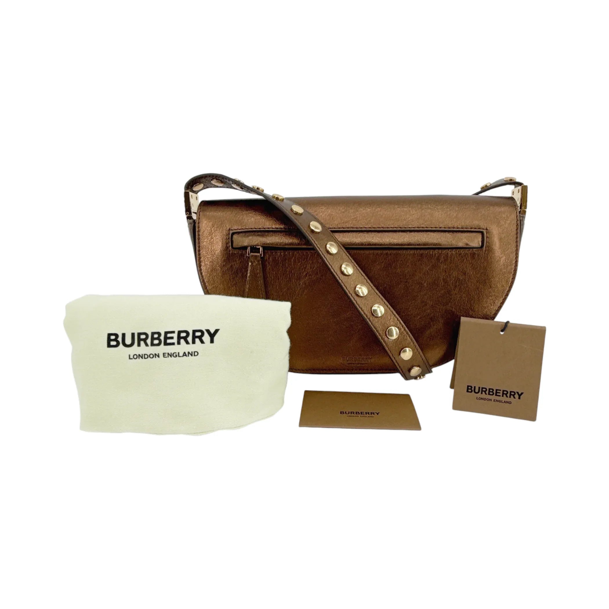 BURBERRY Small Metallic Leather Olympia Shoulder Bag in Bronze - flyKAMP