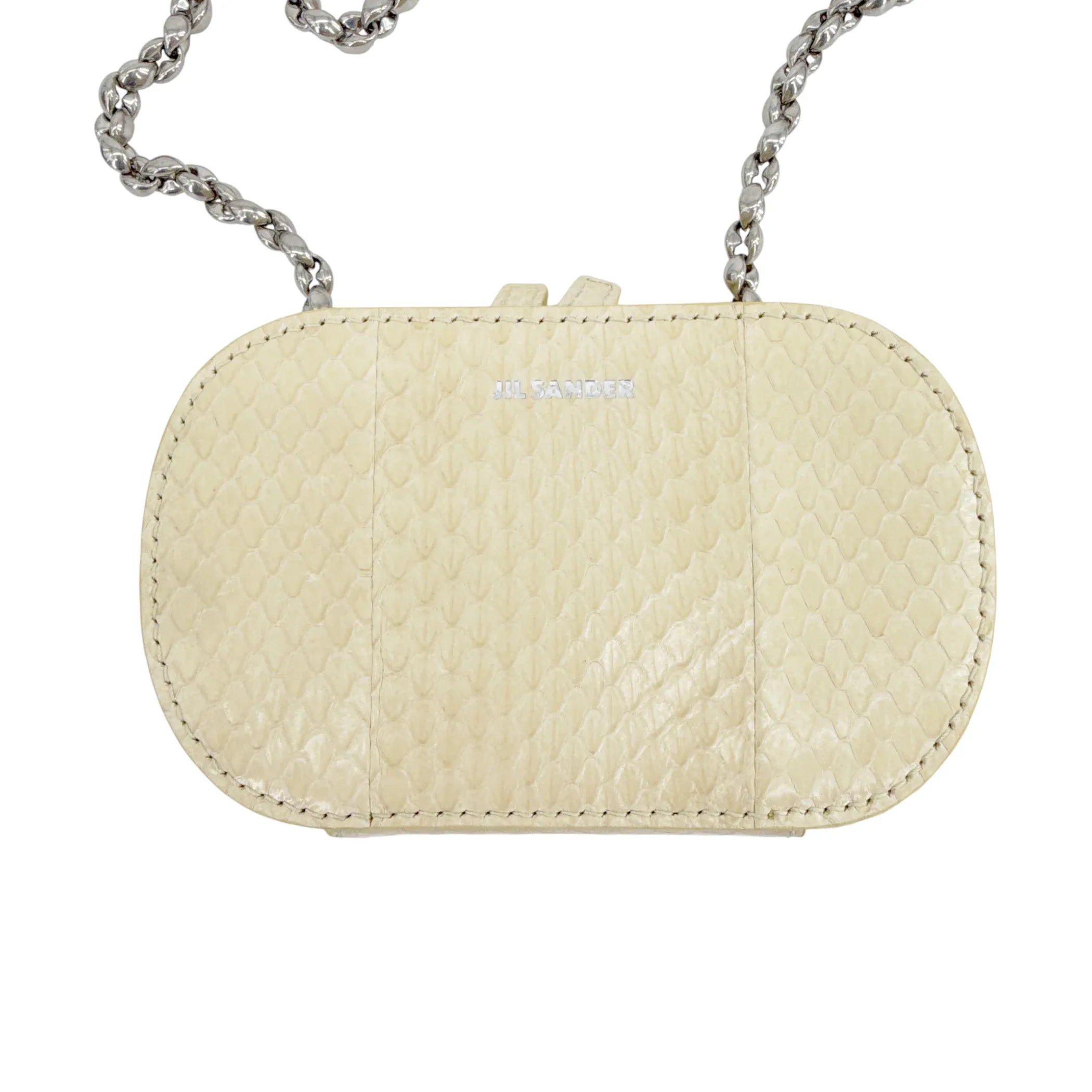 JIL SANDER Tradition Mini Snakeskin Chain Crossbody Bag in Ivory - flyKAMP