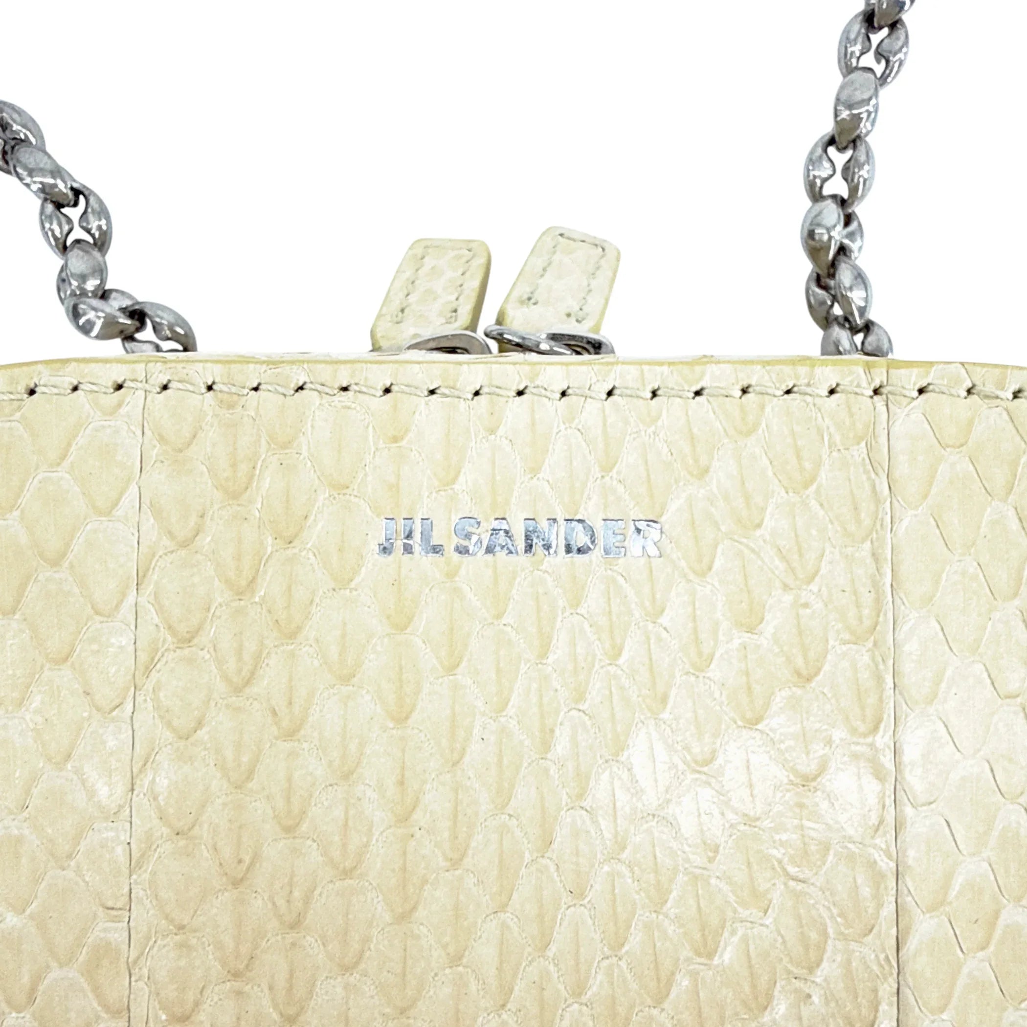 JIL SANDER Tradition Mini Snakeskin Chain Crossbody Bag in Ivory - flyKAMP
