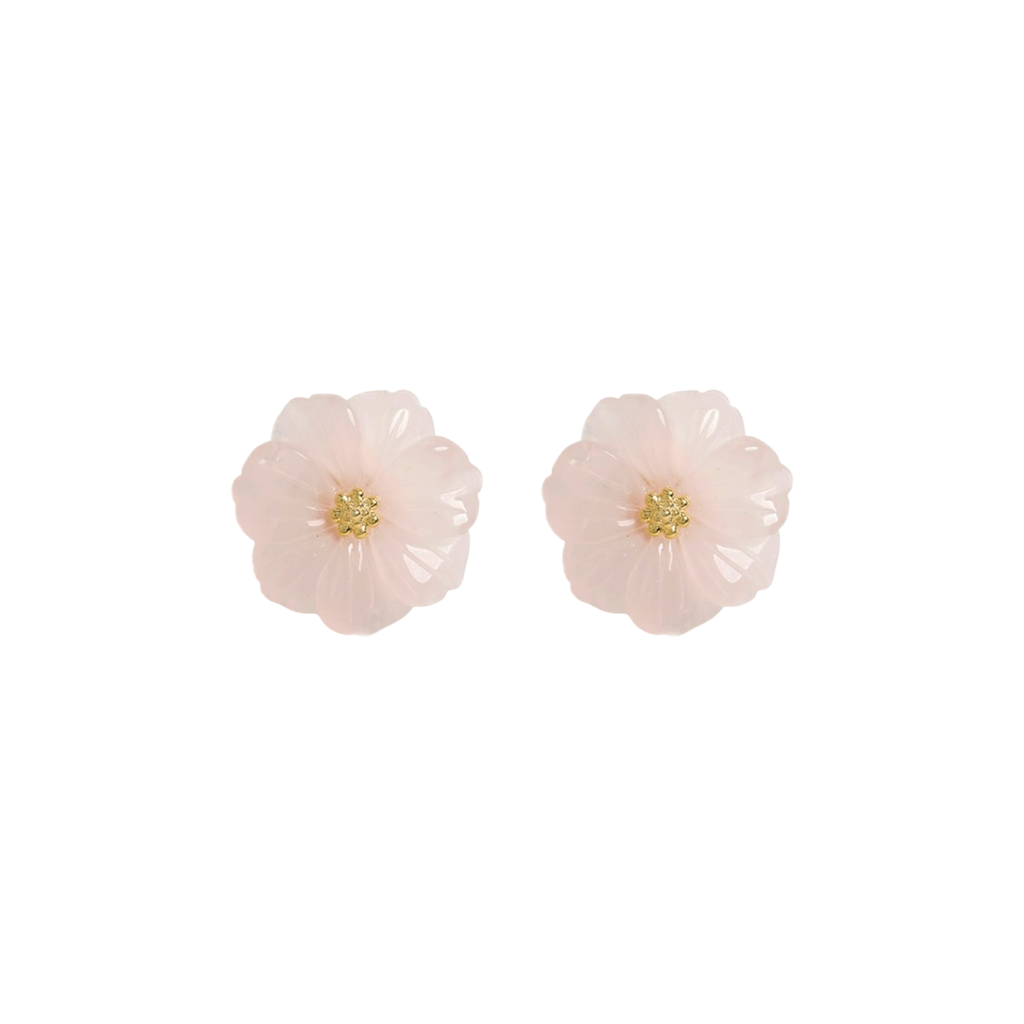 Pair of light pink flower-shaped earrings on a white background