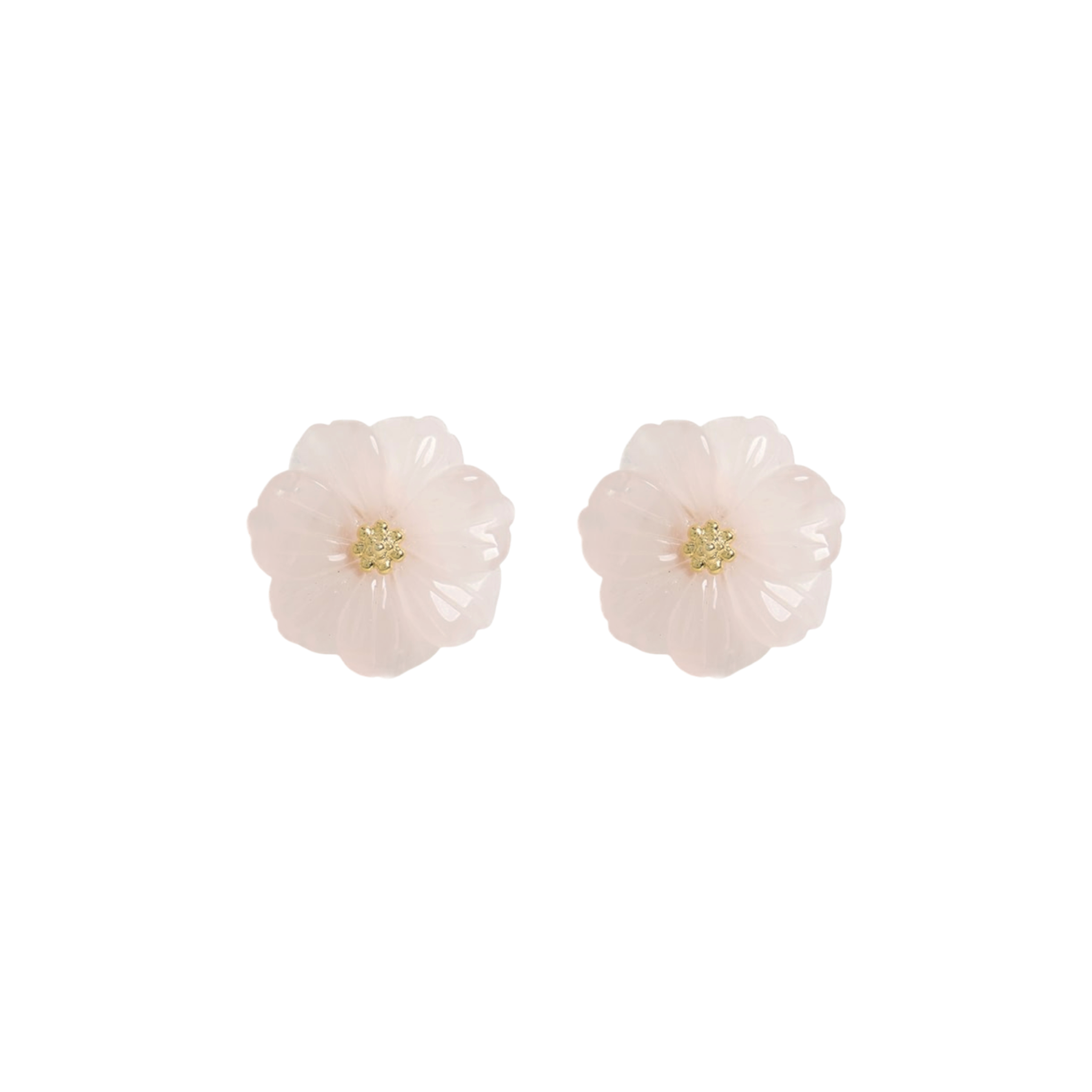Pair of light pink flower-shaped earrings on a white background