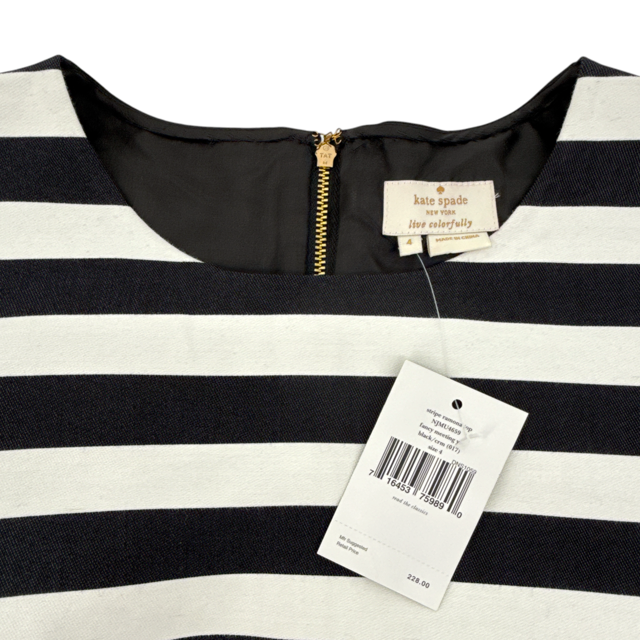 KATE SPADE Stripe Ramona Top in Black & Cream 4|S Kate Spade New York
