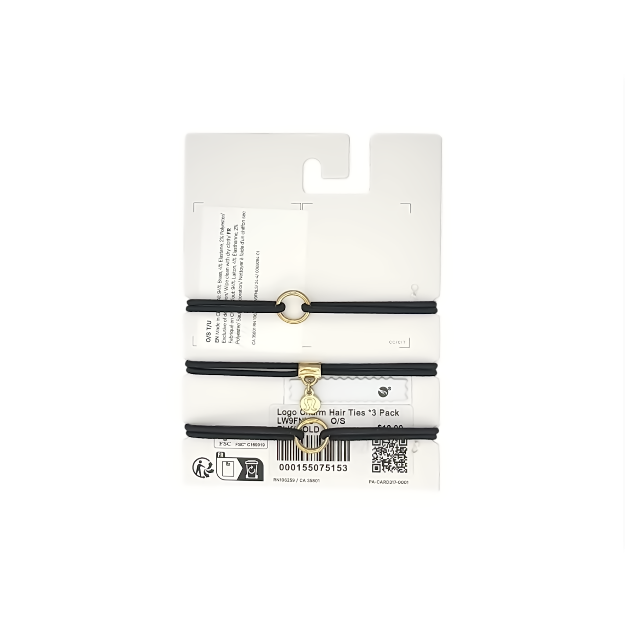 LULULEMON Logo Charm Hair Ties 3 Pack in Black & Gold Lululemon