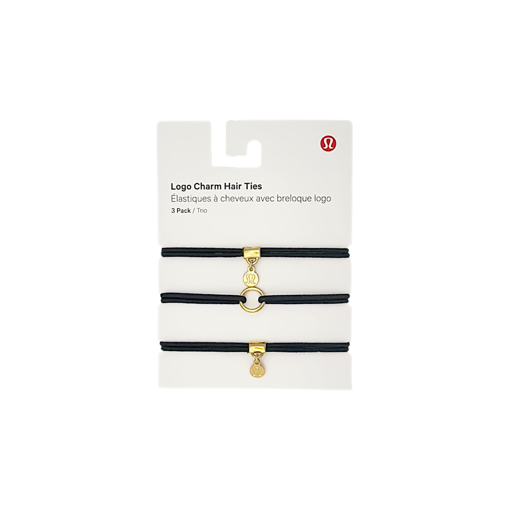 LULULEMON Logo Charm Hair Ties 3 Pack in Black & Gold Lululemon