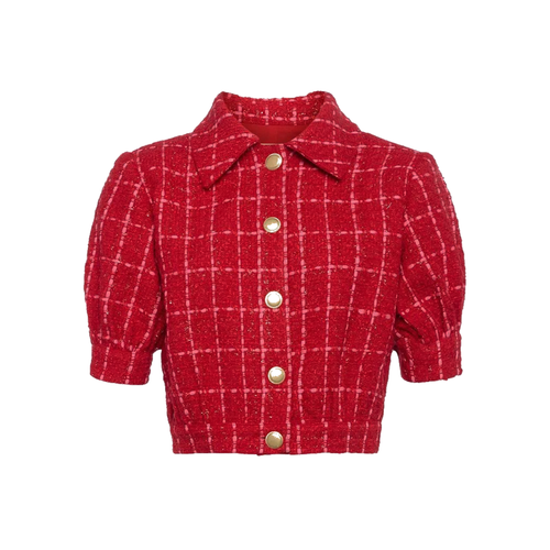 L'AGENCE Cove Cropped Tweed Jacket in Red & Hot Pink Plaid 10|L L'Agence