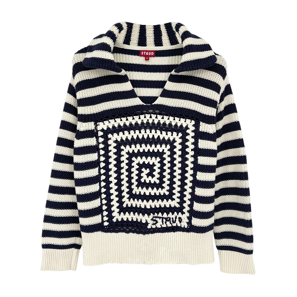 STAUD Alloy Striped Crocheted Cotton Sweater In Acid Cobalt XS - flyKAMP