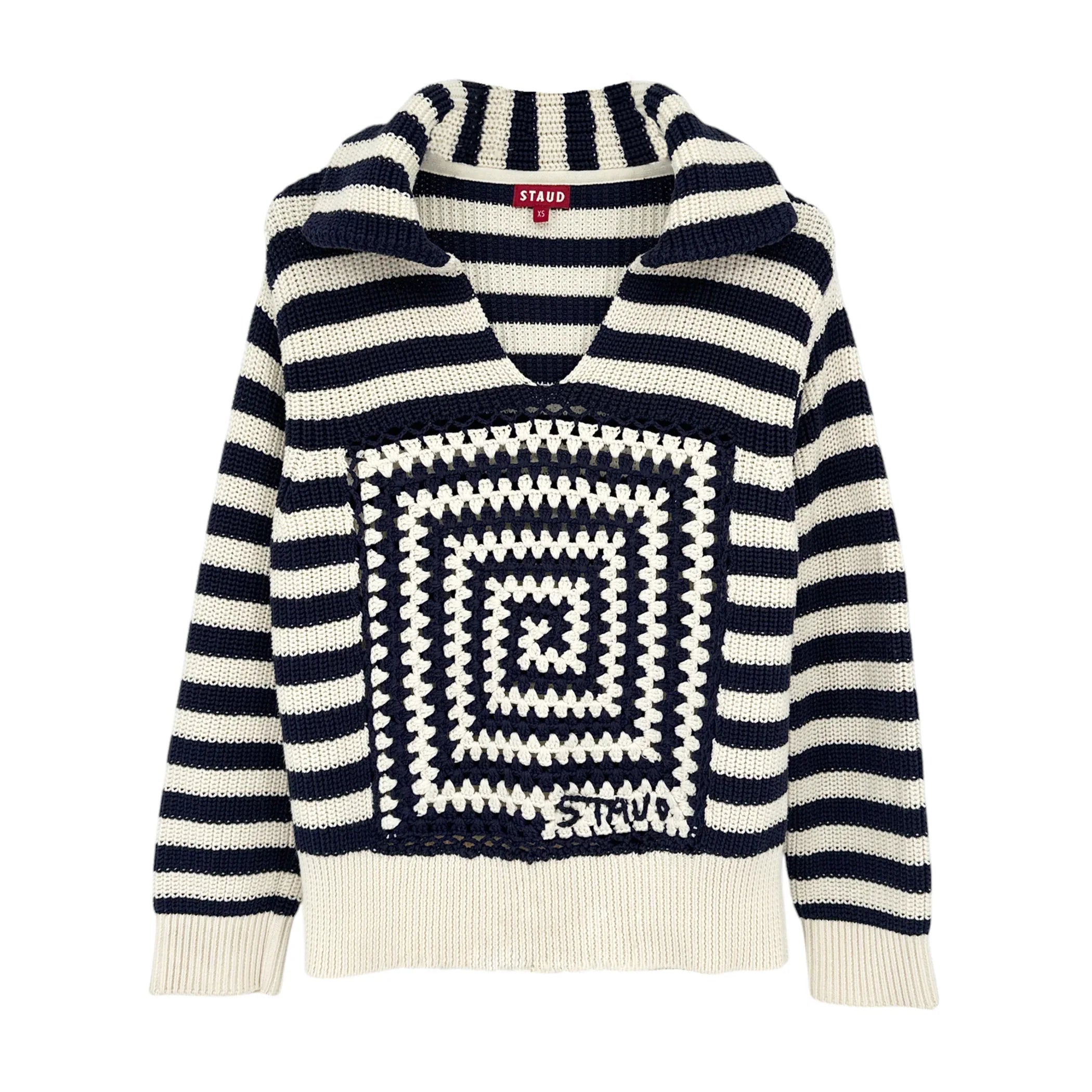 STAUD Alloy Striped Crocheted Cotton Sweater In Acid Cobalt XS - flyKAMP